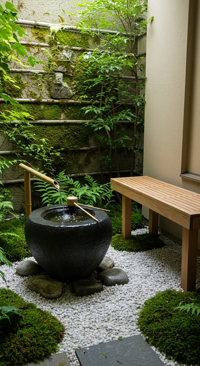 Kleine zen-tuin met waterbekken, bamboe, mos en een houten bankje.