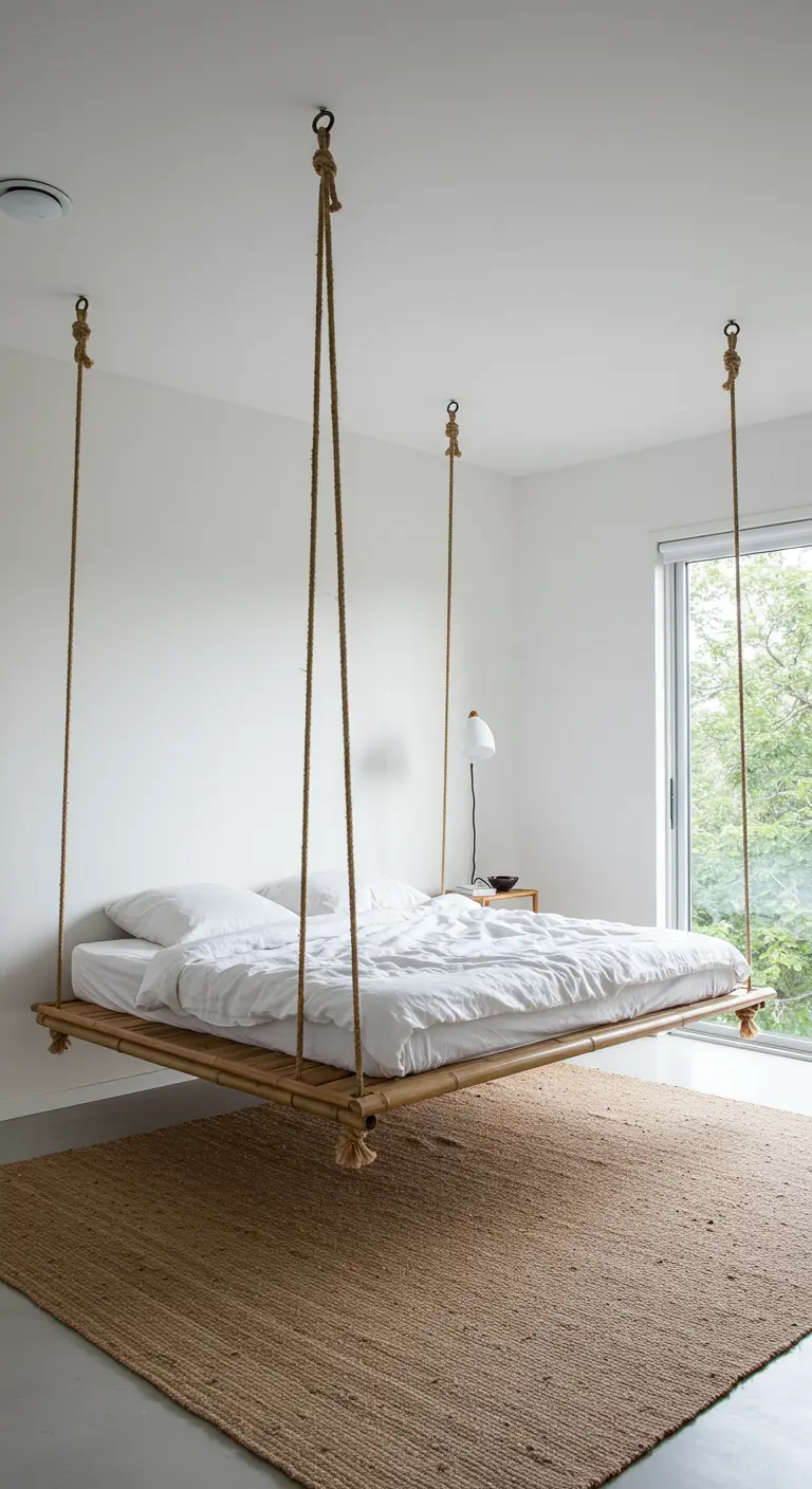 Wit-minimalistische slaapkamer met een hangend bamboe bed aan dikke touwen.