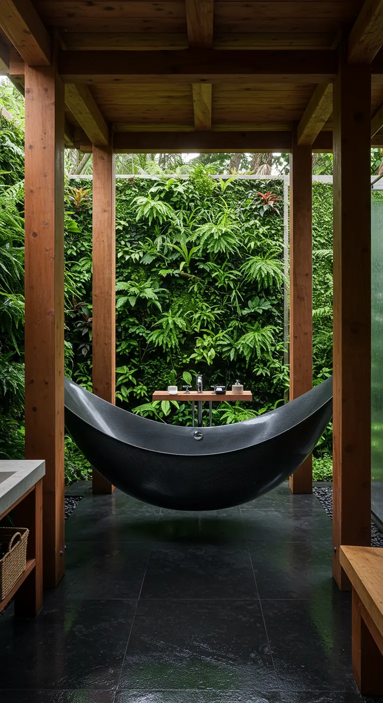Zwart hangmat-vormig bad opgehangen in een houten frame voor een groene plantenmuur.