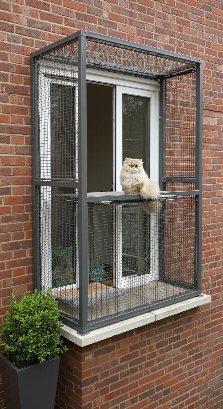 Pluizige kat zit in een metalen 'catio' die aan een raam is bevestigd.