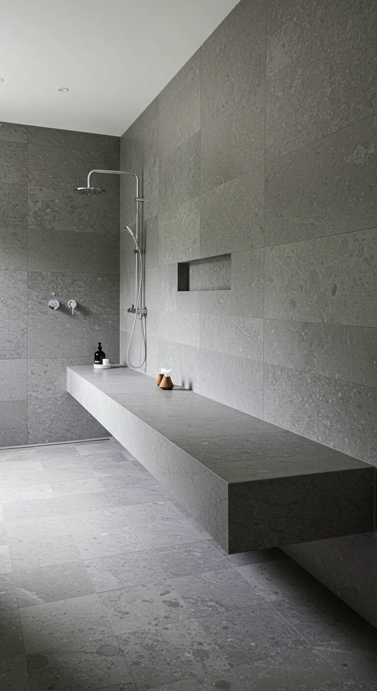 Minimalistische grijze badkamer met een lang, zwevend stenen bankje in de douche.