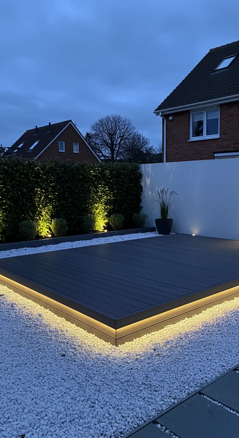 Donker vlonderterras met een ledstrip eronder, omringd door wit grind.