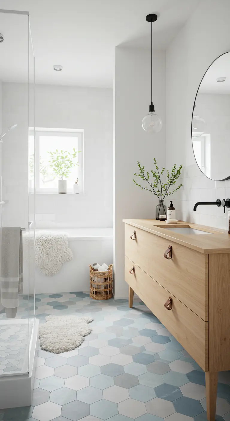 Lichte badkamer met blauw-grijze hexagontegels op de vloer en een houten meubel.