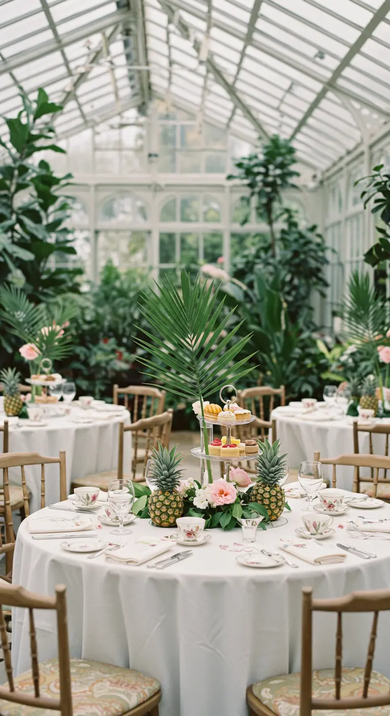 Gedekte tafels voor een high tea in een kas, met ananassen als centerpiece.