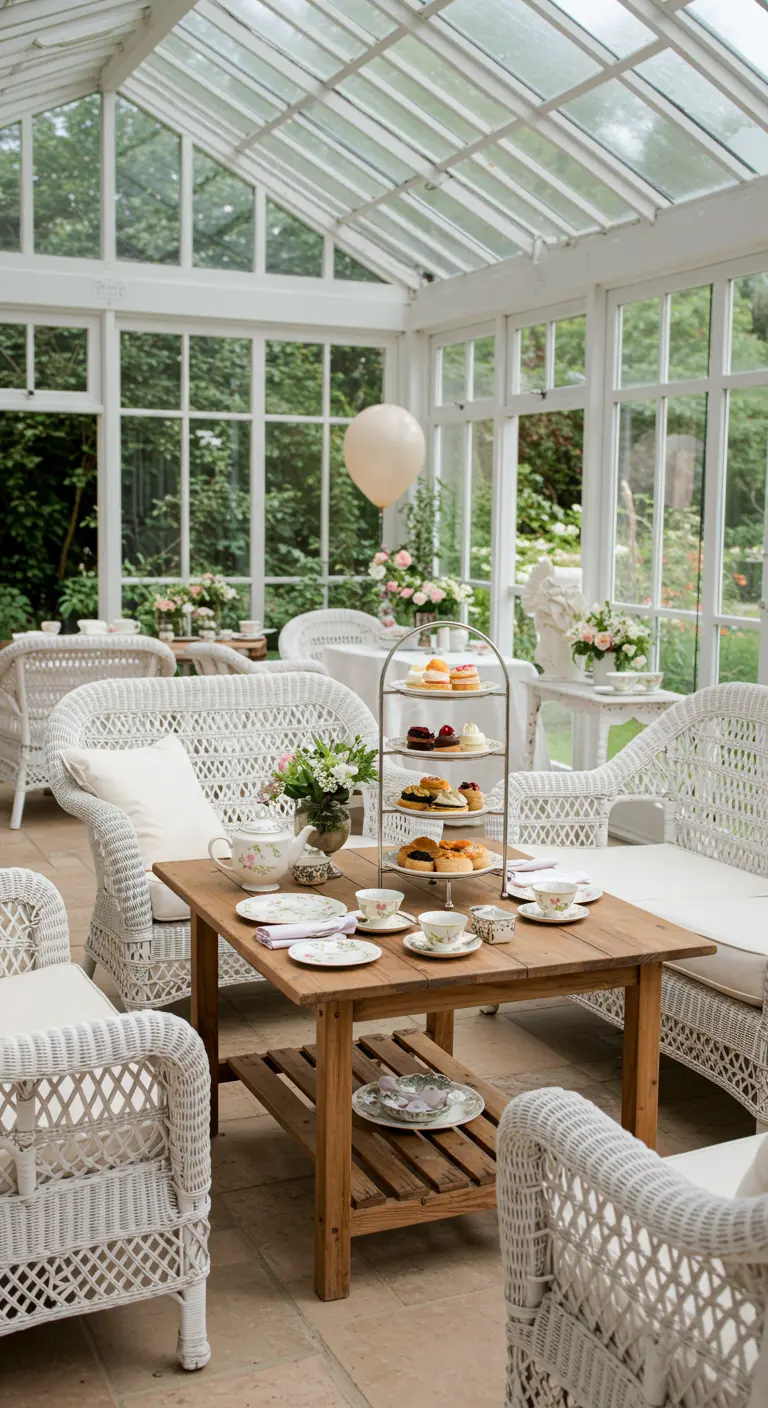 High tea setting in een lichte serre met wit rotan meubilair en een etagère.