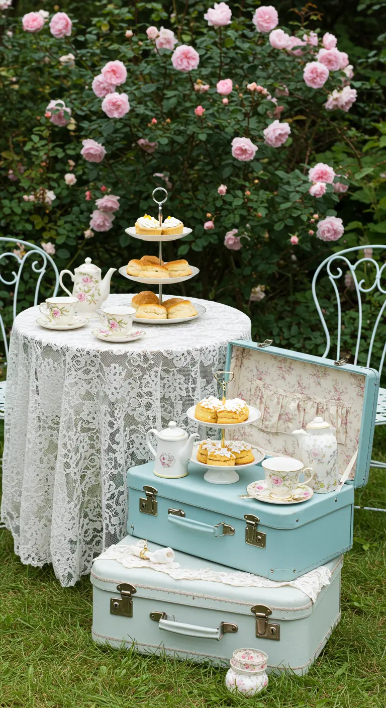 High tea in een rozentuin met vintage koffers en kanten tafelkleed.