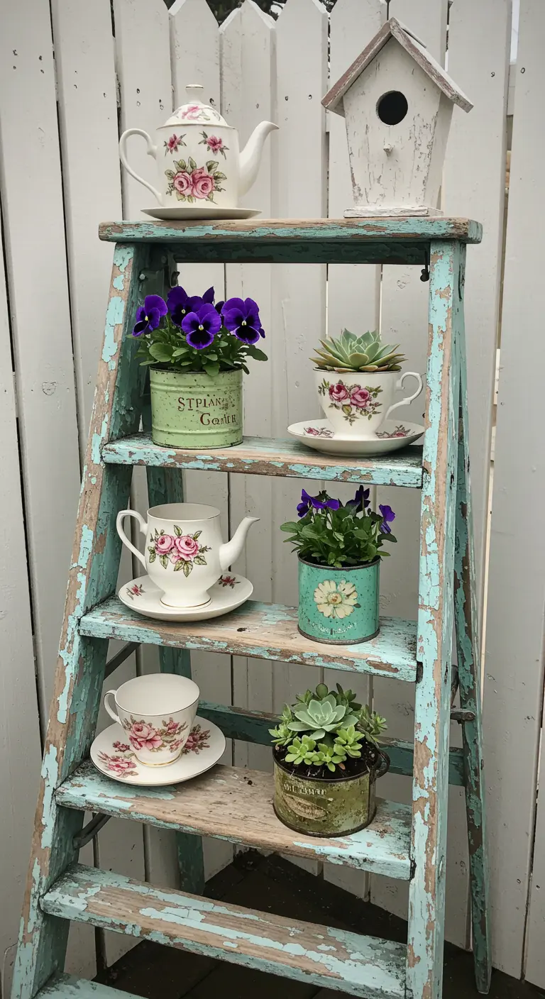 Verweerde turquoise ladder gedecoreerd met vintage theepotten en kopjes die als plantenbakjes dienen.
