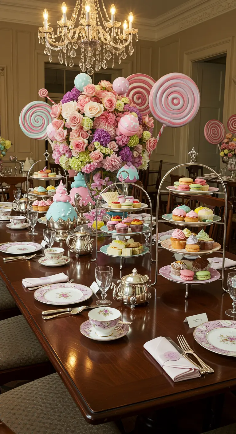 Elegante high tea met een bloemstuk waarin lolly's zijn verwerkt.