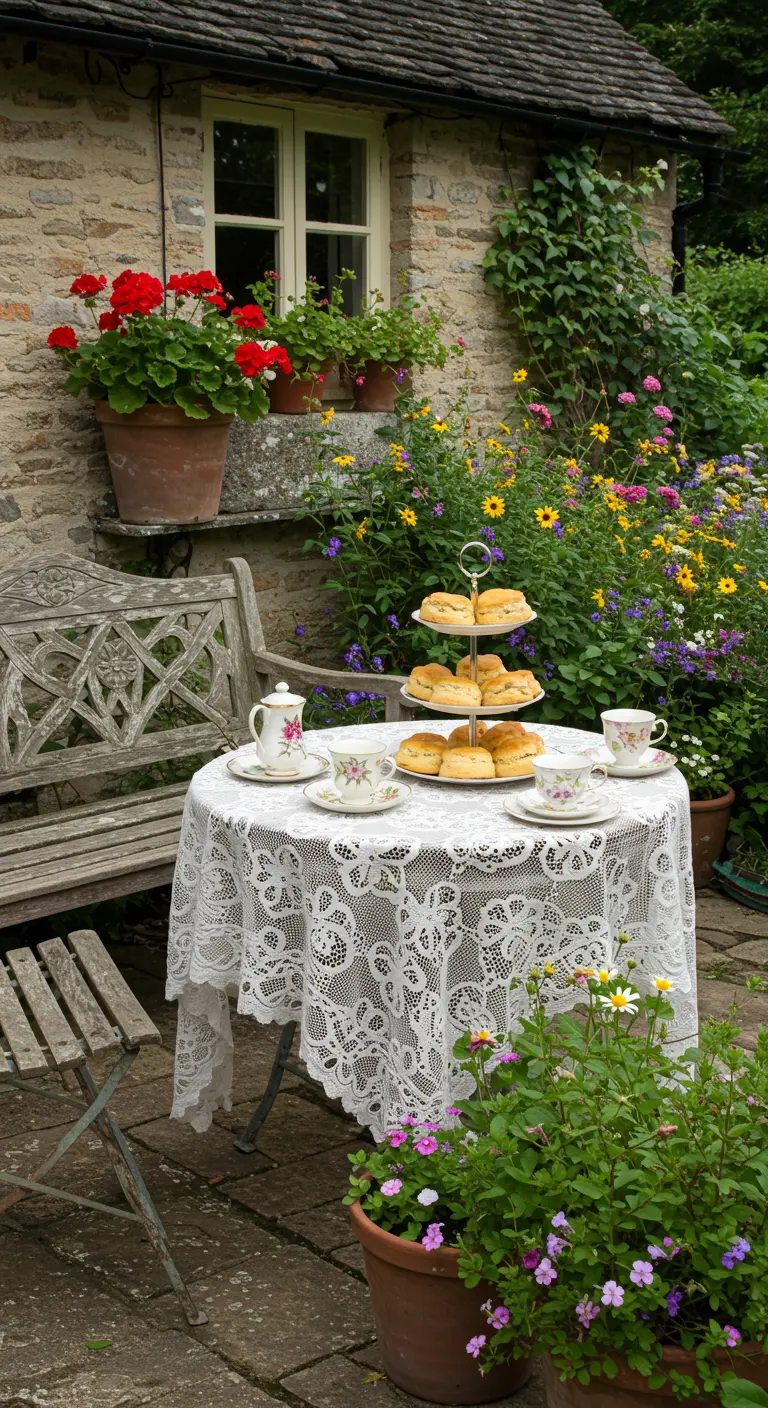Tuintafel met kanten kleed en servies voor een high tea tussen de wilde bloemen.