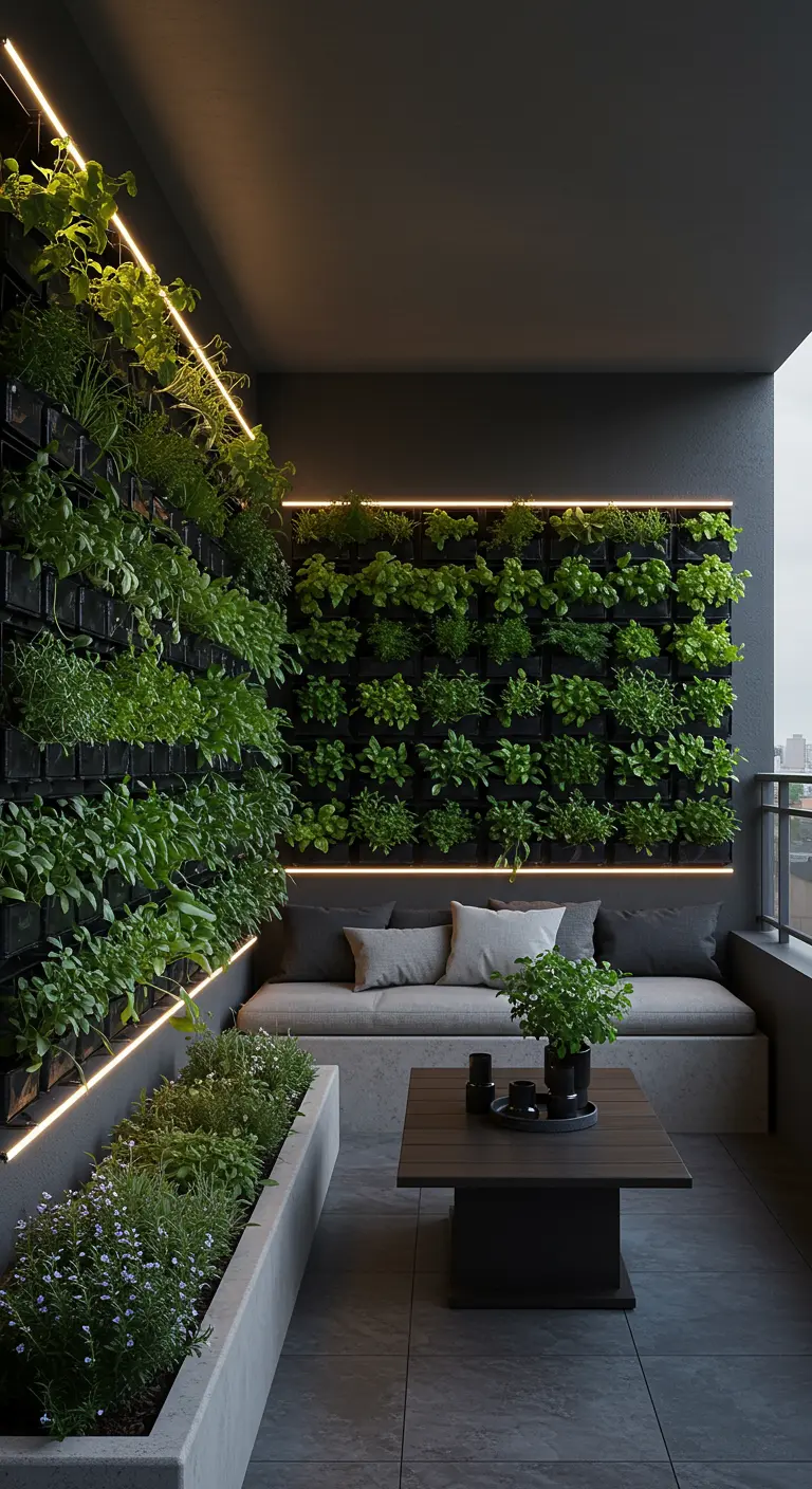Modern balkon met uitgebreide verticale kruidenwanden en sfeervolle geïntegreerde LED-verlichting.