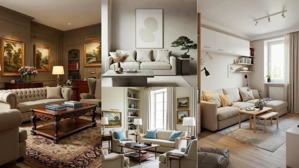 Een collage van veelzijdige, neutrale beige woonkamers met karakter, passend bij de artikelinhoud.