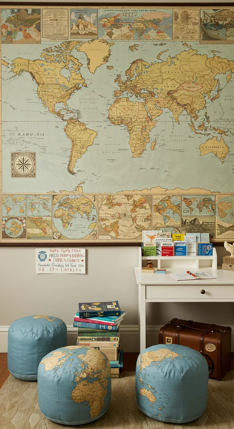 Kinderhoek met een grote vintage wereldkaart aan de muur en poefs met globe-print.