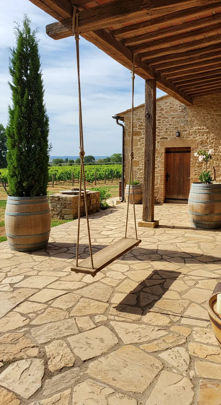 Houten schommel onder houten pergola met cipres in wijnvat en stenen huis.