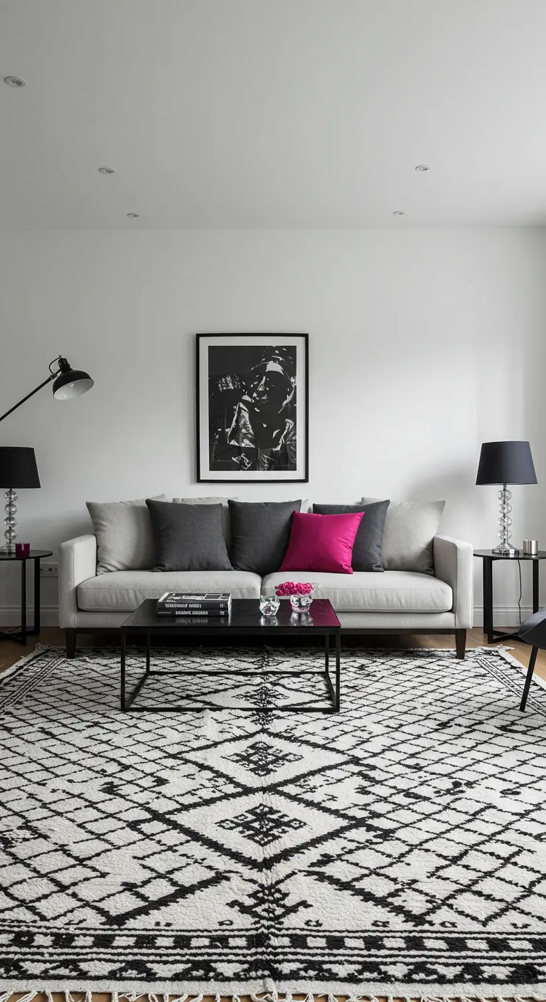 Moderne woonkamer met zwart-wit grafisch tapijt, grijze bank en fuchsia kussen.