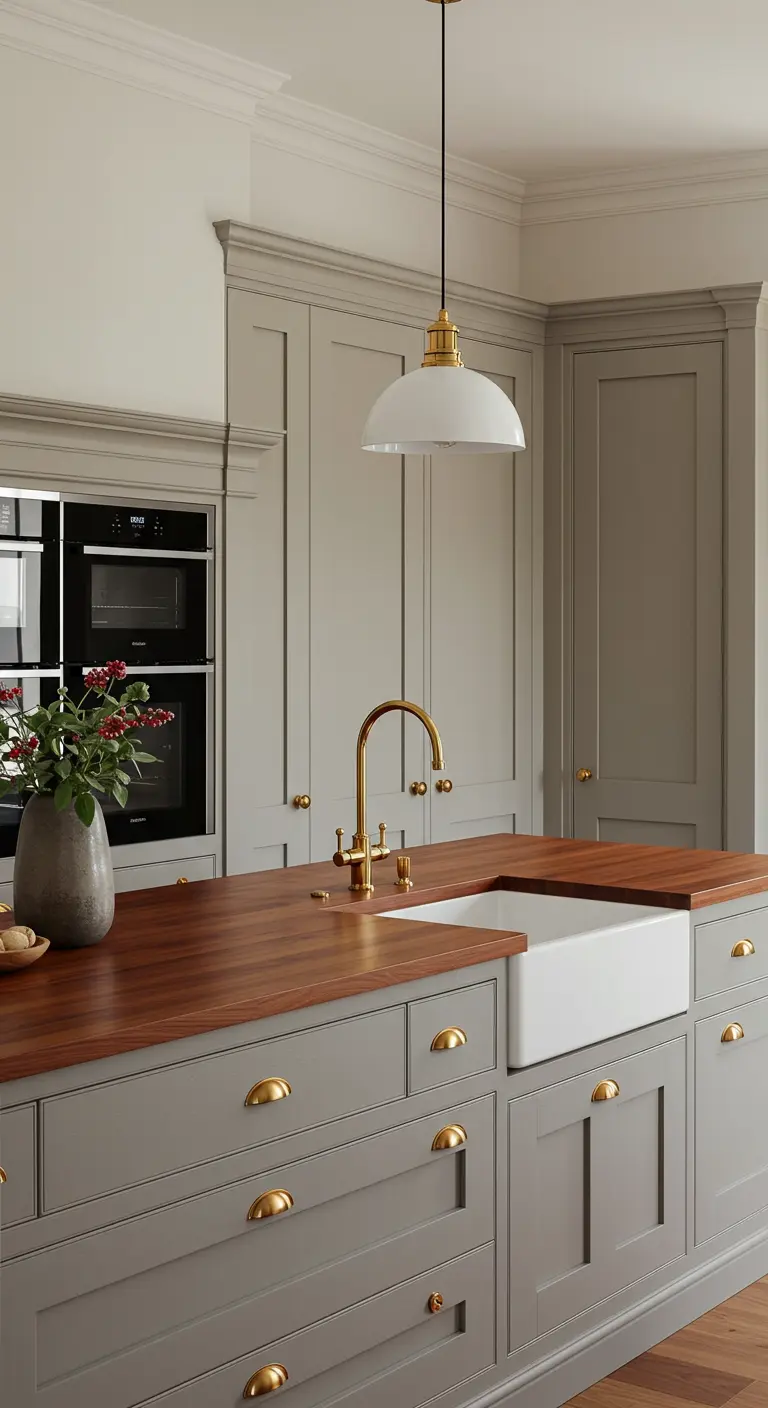 Keuken met hoge, greige kasten, een donker houten werkblad, messing grepen en een witte spoelbak.
