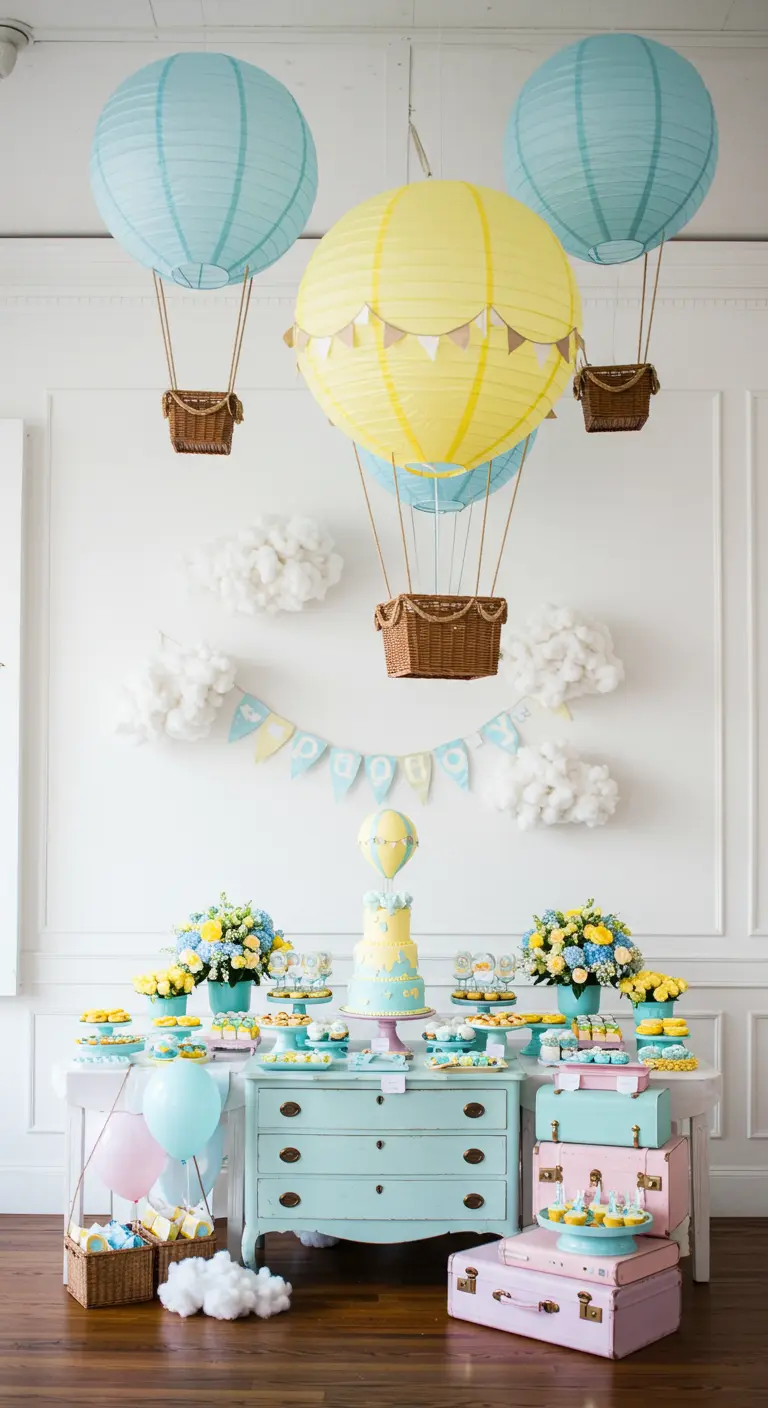Feestdecoratie met papieren luchtballonnen en pastelkleurige koffers.