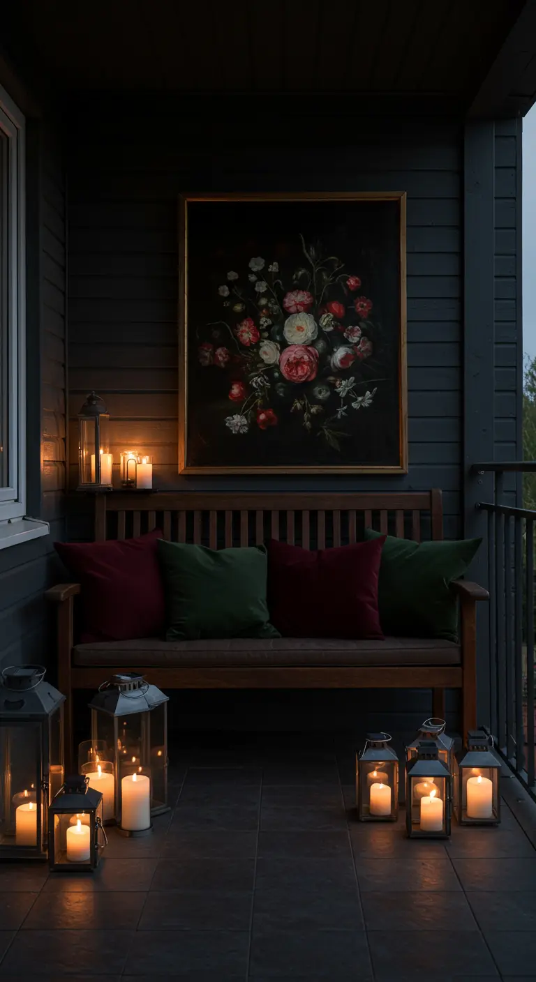 Donker, sfeervol balkon met een groot bloemenschilderij en veel brandende kaarsen.