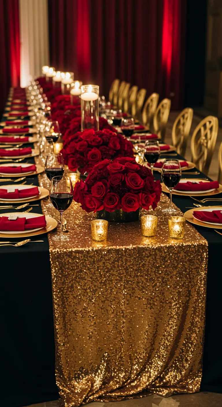 Zwarte tafel met gouden paillettenloper, rode rozen en wijnglazen.