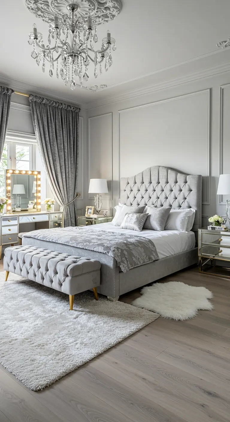 Grijze slaapkamer met gecapitonneerd bed, fluwelen gordijnen en kroonluchter.