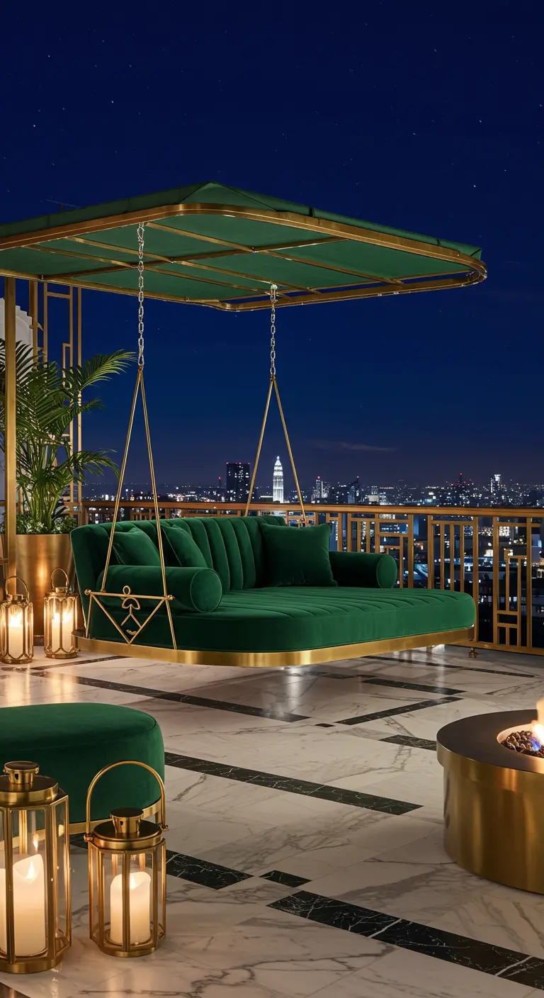 Luxe goudkleurig daybed met smaragdgroene fluwelen kussens op een dakterras bij nacht.