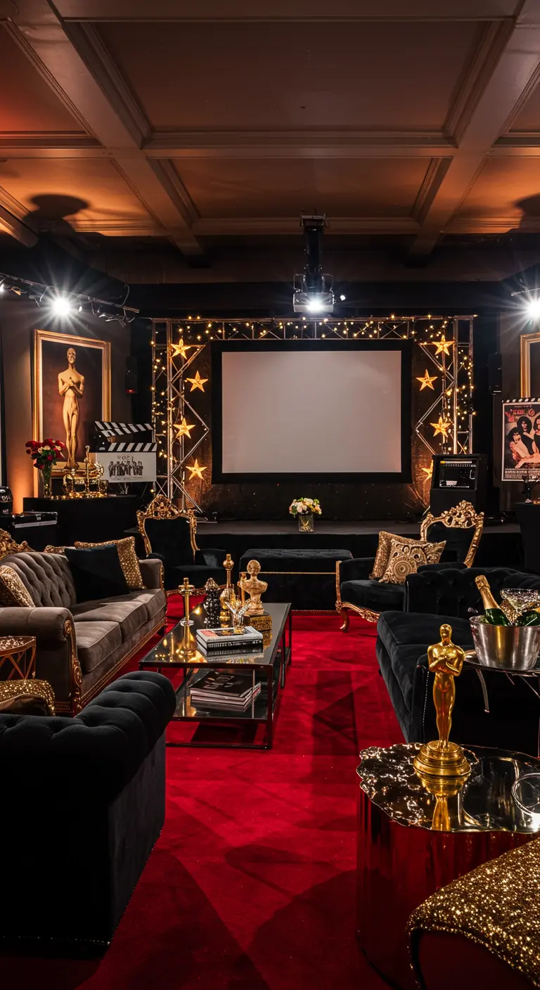 Luxe filmavond setting met rood tapijt, gouden beelden en fluwelen meubels.