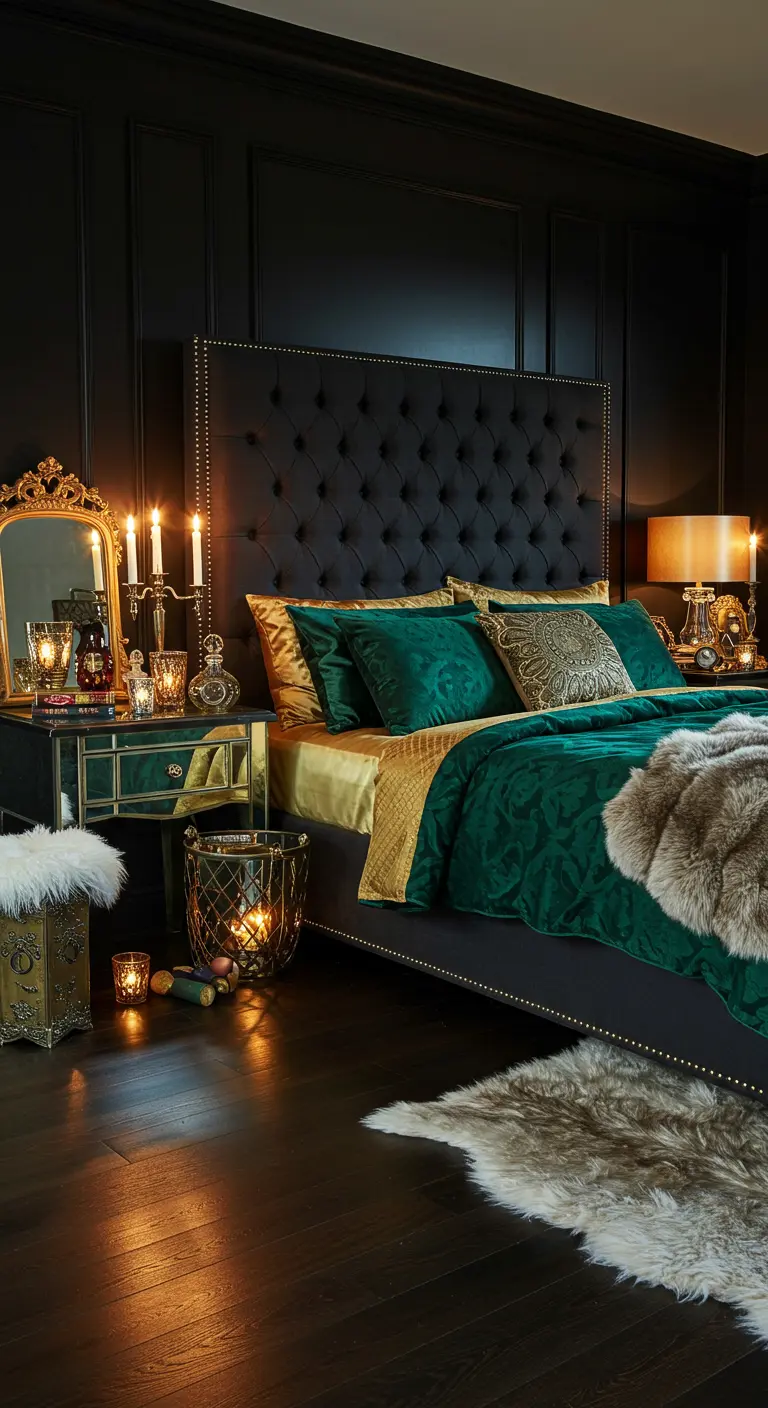 Glamoureuze slaapkamer met zwarte lambrisering, smaragdgroen en gouden beddengoed.