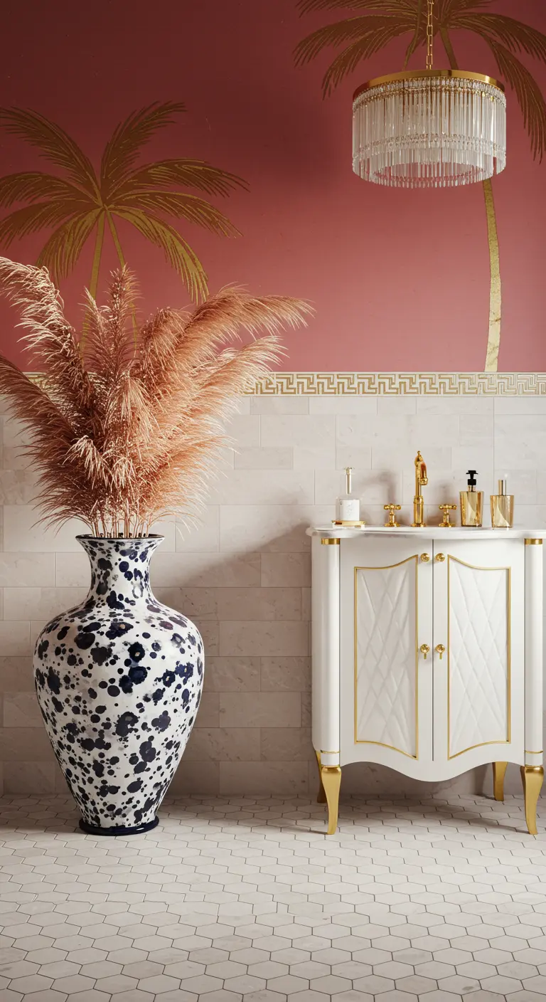 Glamoureuze badkamer met een roze muur, gouden palmboom, en een grote gespikkelde vaas.