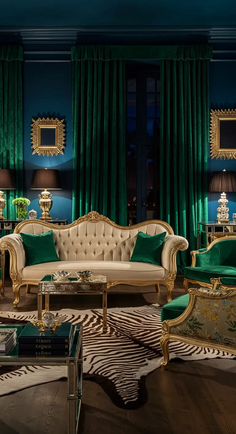 Extravagante woonkamer met nachtblauwe muren, groene fluwelen gordijnen en goudkleurige klassieke meubels.