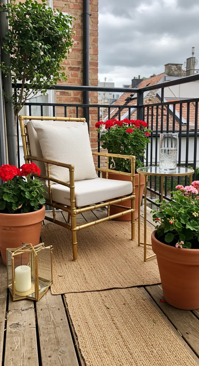 Chique balkon met een goudkleurige bamboe-fauteuil, terracotta potten met rode geraniums en een jutekleed.