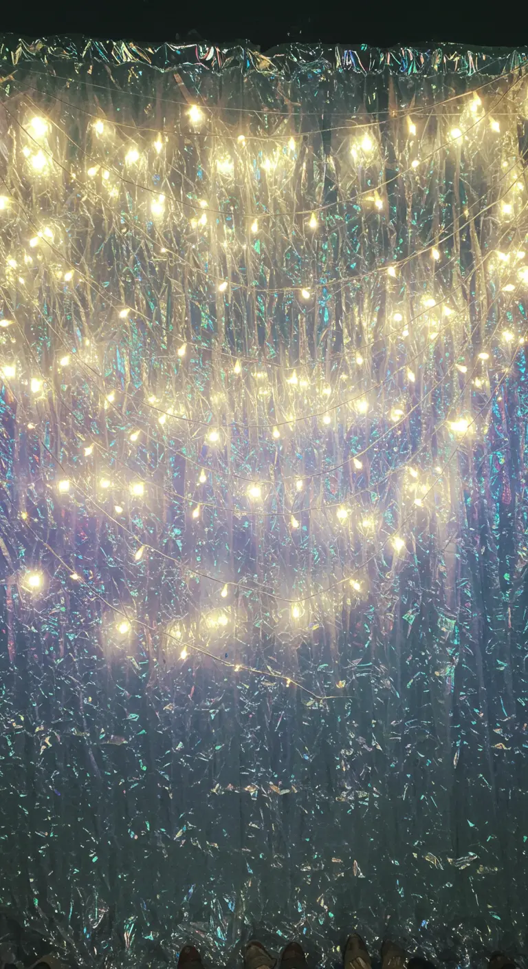 Close-up van warme lichtjes voor een glinsterend, holografisch gordijn.