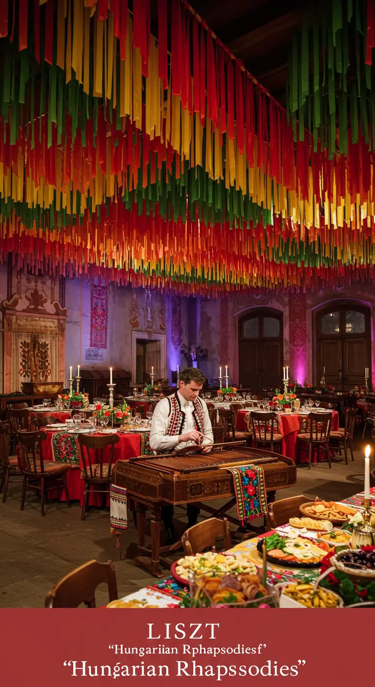 Feestzaal met kleurrijke linten aan het plafond en een muzikant die een cimbalom bespeelt.