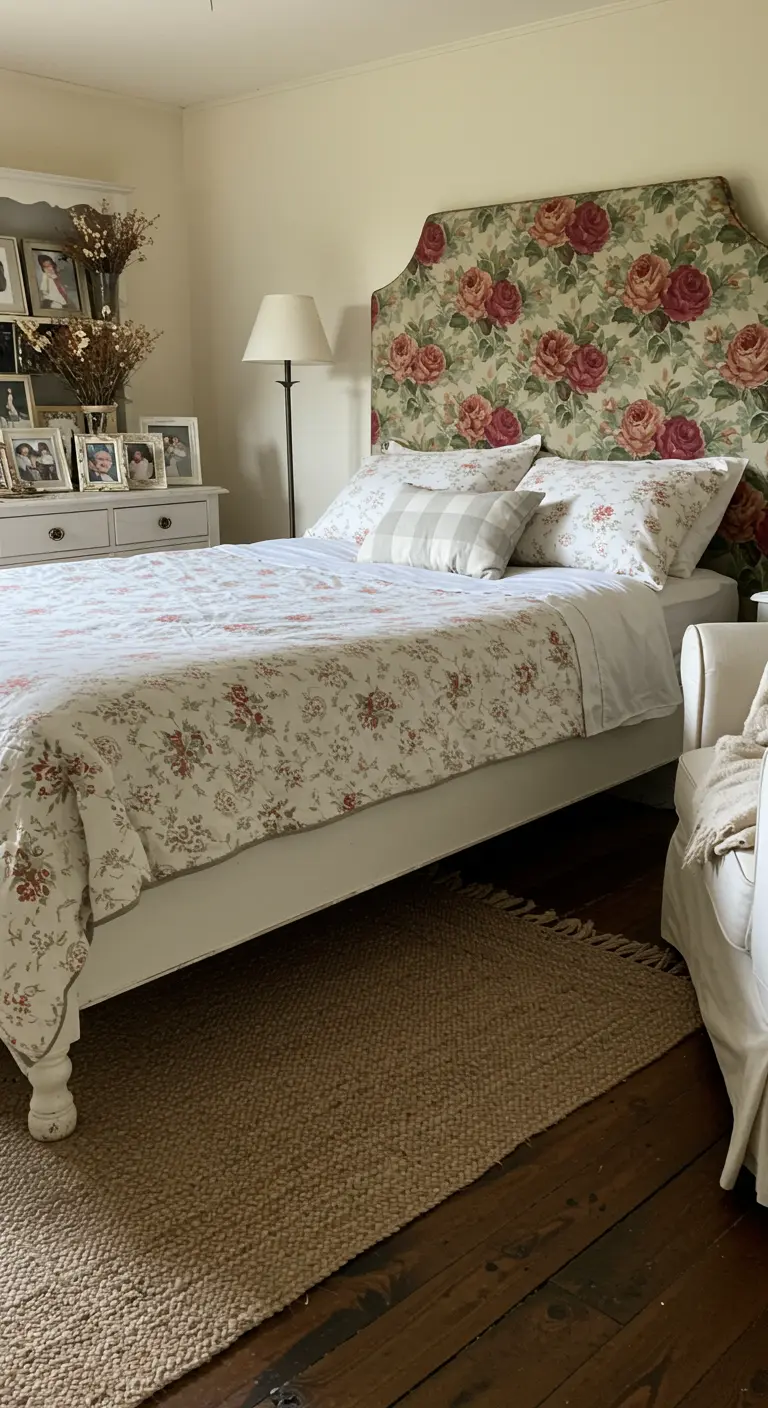 Slaapkamer met een gestoffeerd hoofdbord met rozenprint en wit beddengoed.