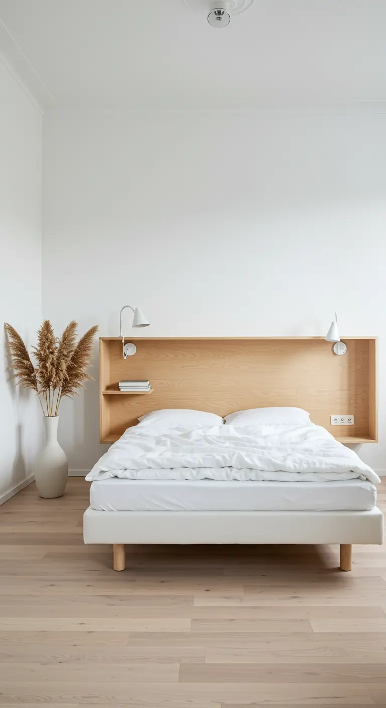 Slaapkamer met houten hoofdbord met plank, wit bed, pampasgras en wandlampen.