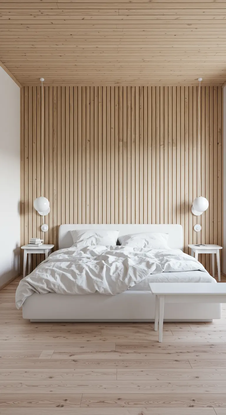 Slaapkamer met houten lattenwand als hoofdbord, wit bed, witte nachtkastjes en hanglampen.