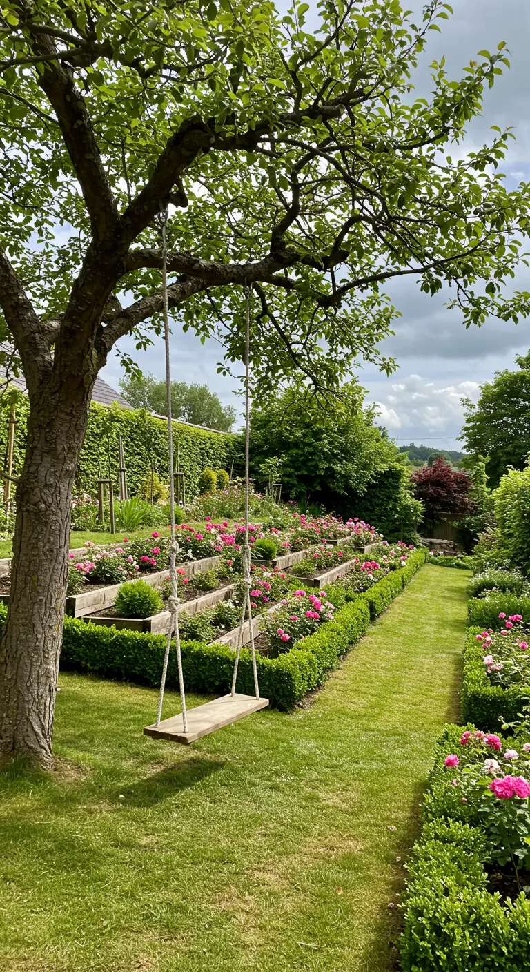 Simpele houten schommel hangend aan een fruitboom, met uitzicht over rijen bloeiende rozen in de tuin.
