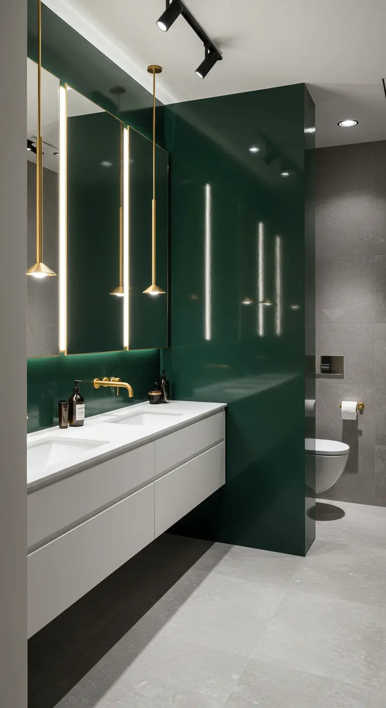 Badkamer met een hoogglans groene accentwand en een grijze betonciré vloer.
