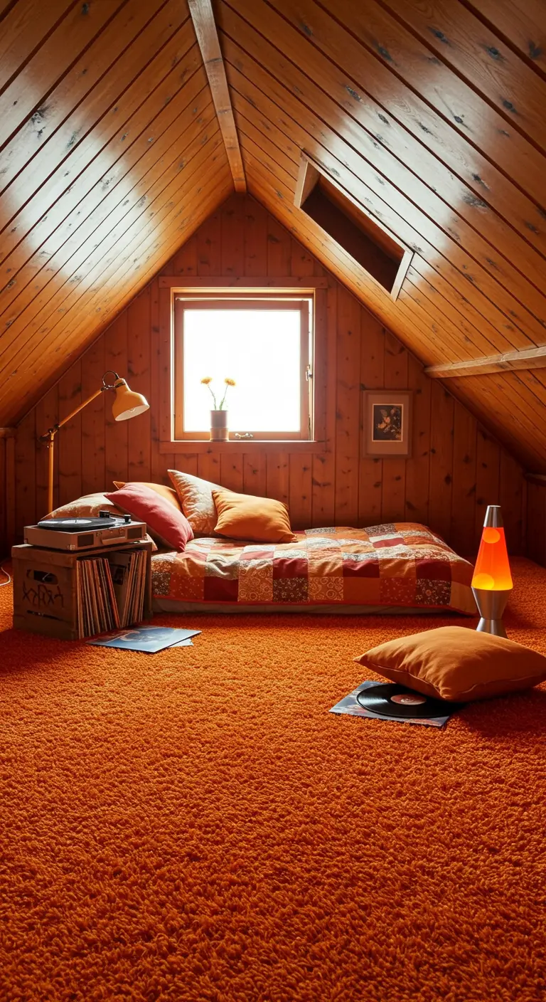 Zolderkamer met houten wanden en een hoogpolig oranje tapijt over de hele vloer.