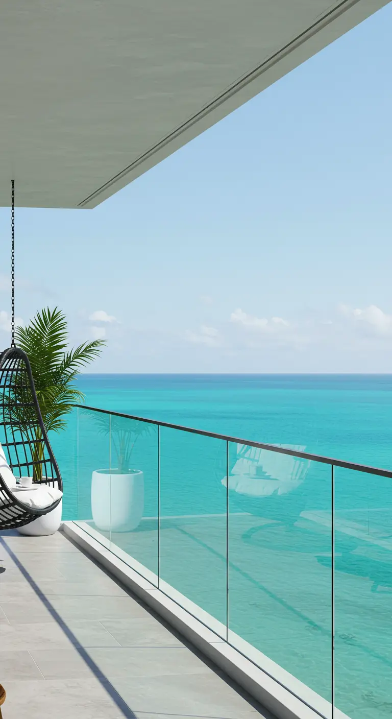 Zwarte rotan hangstoel op een minimalistisch balkon met een glazen balustrade en uitzicht op zee.