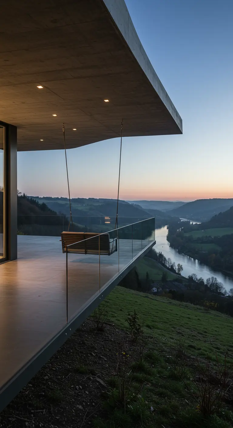Moderne veranda met houten schommelbank, glazen reling, rivierdal, zonsondergang.