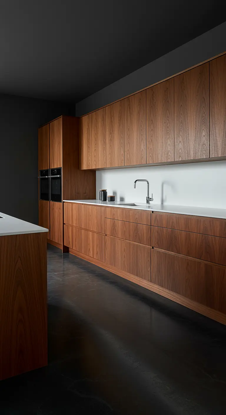 Moderne, greeploze keuken met houten kasten, een donkere vloer en een witte achterwand.