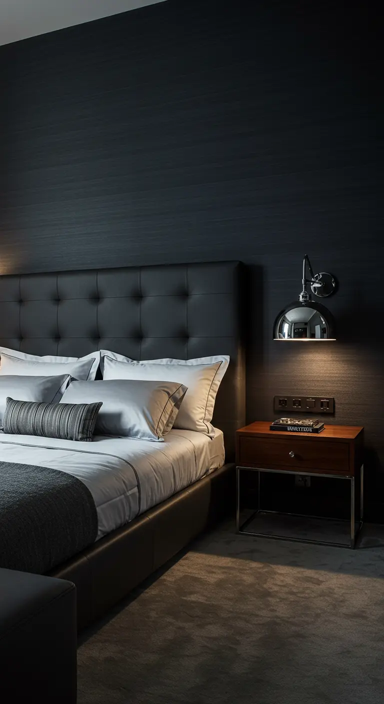 Luxe donkergrijze slaapkamer met een chromen wandlamp die een houten nachtkastje verlicht.