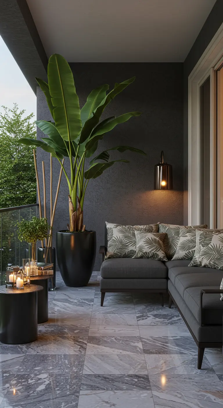 Luxe balkon met marmeren vloer, grijze loungebank, bananenplant en een sfeervolle wandlamp.