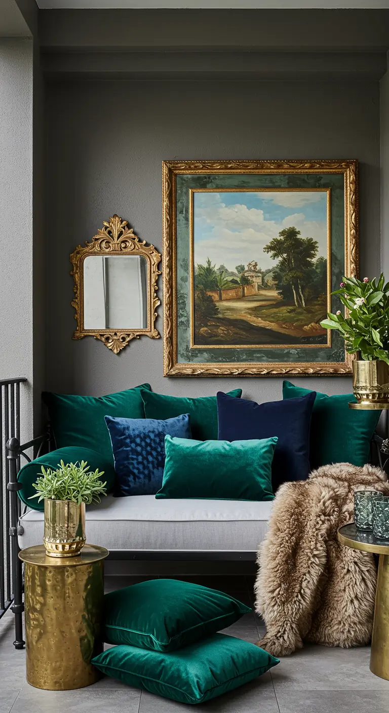 Luxe balkon met fluwelen kussens, gouden lijsten, een spiegel en een schapenvacht.