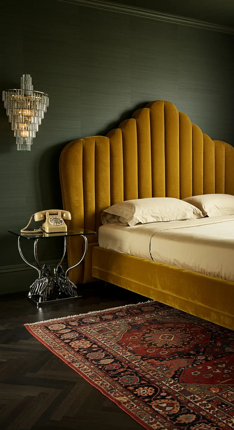 Luxe slaapkamer met donkergroene muur en een mosterdgeel fluwelen bed.