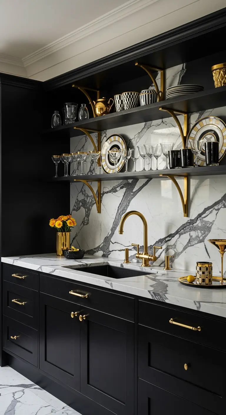 Zwarte keuken met marmeren achterwand en open planken met gouden dragers en chique servies.