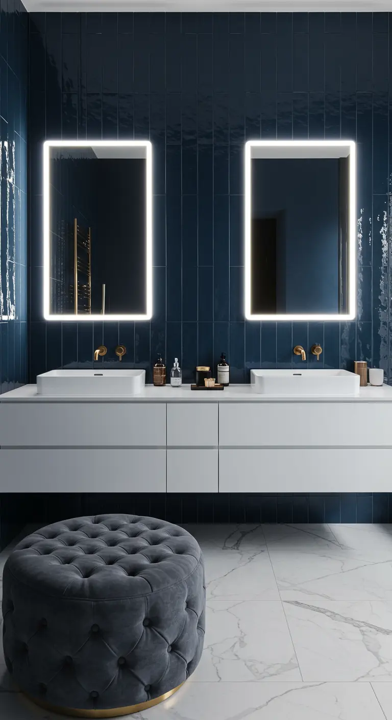 Moderne badkamer met glanzende donkerblauwe tegelwand en twee verlichte spiegels.