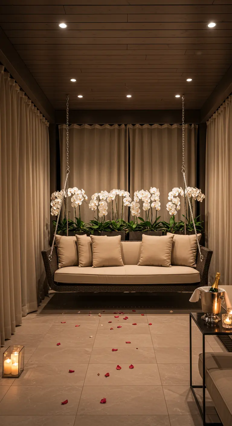 Moderne schommelbank op een overdekt terras met beige gordijnen en witte orchideeën.
