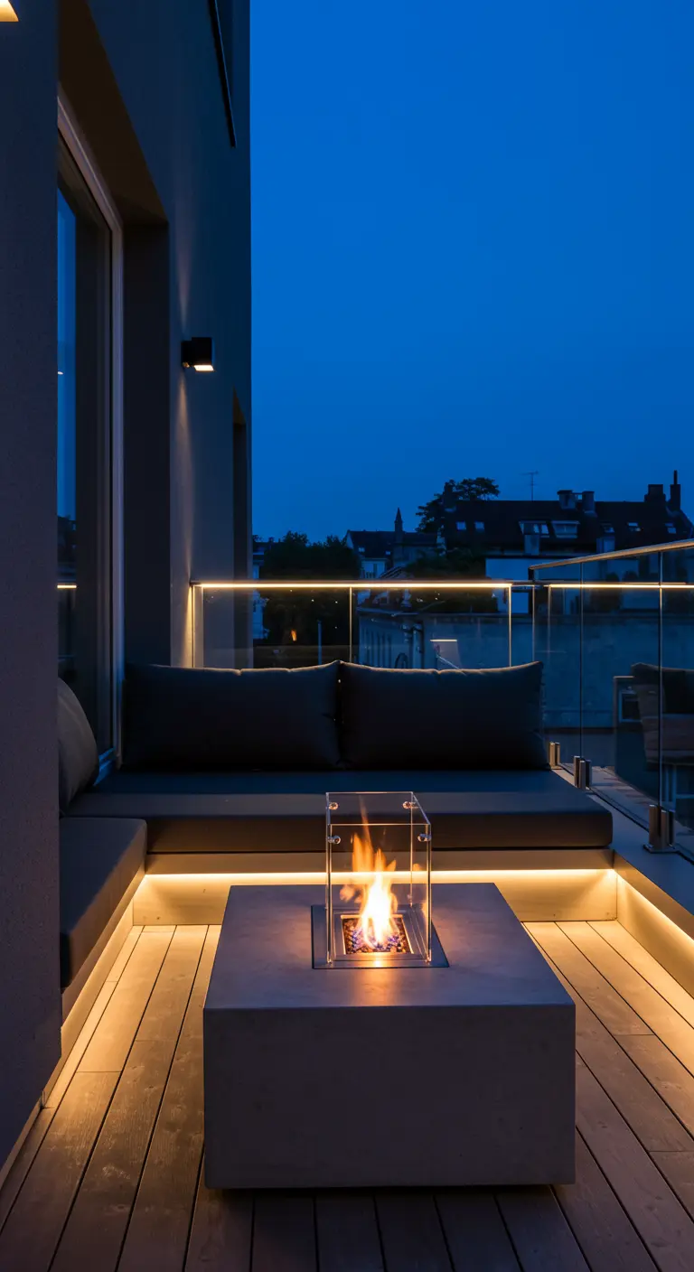 Modern dakterras 's nachts met een ingebouwde loungebank, LED-verlichting en een tafelhaard.