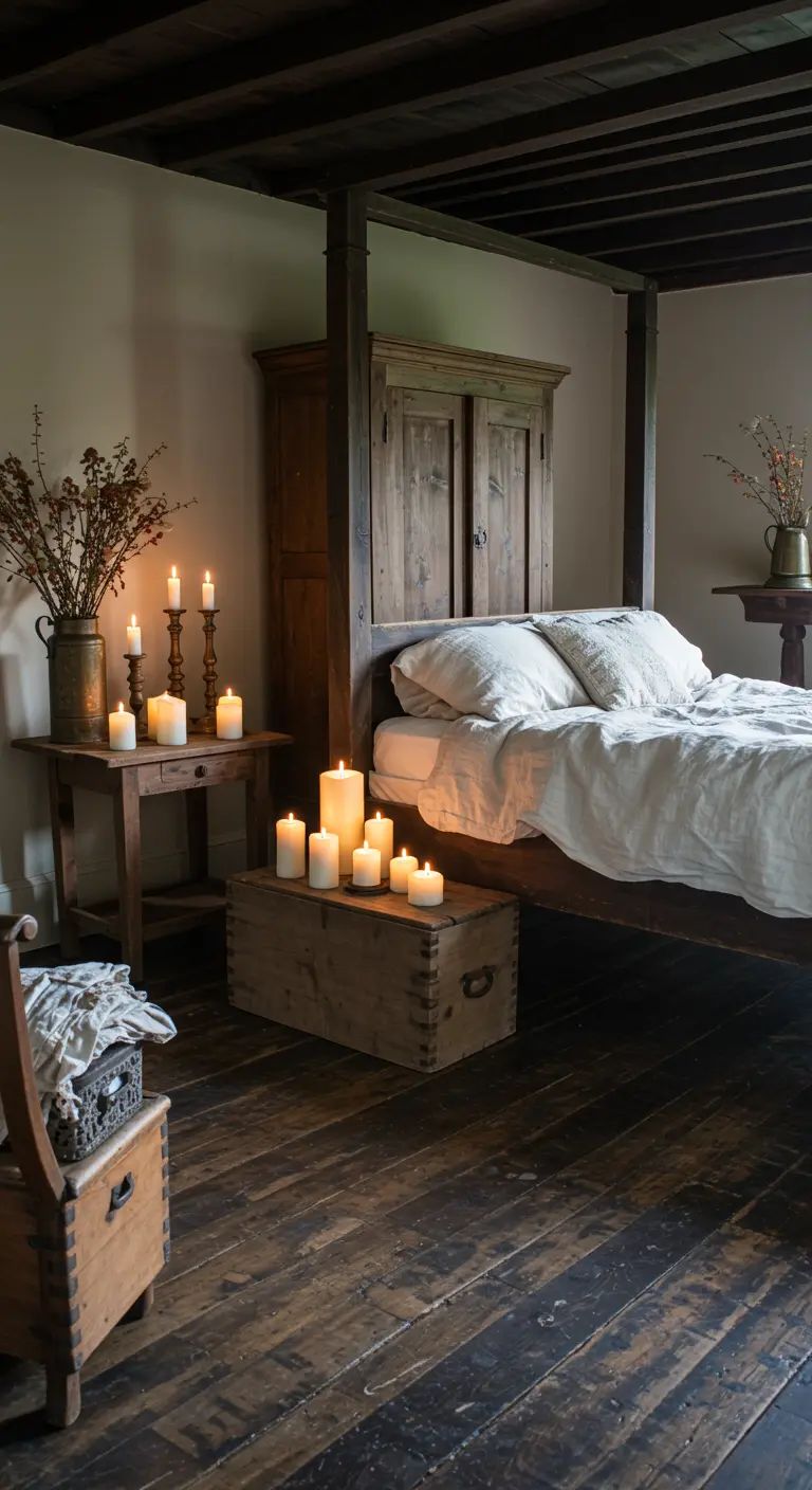 Lichte slaapkamer met houten hemelbed, stapels kaarsen en een rustieke houten kist.