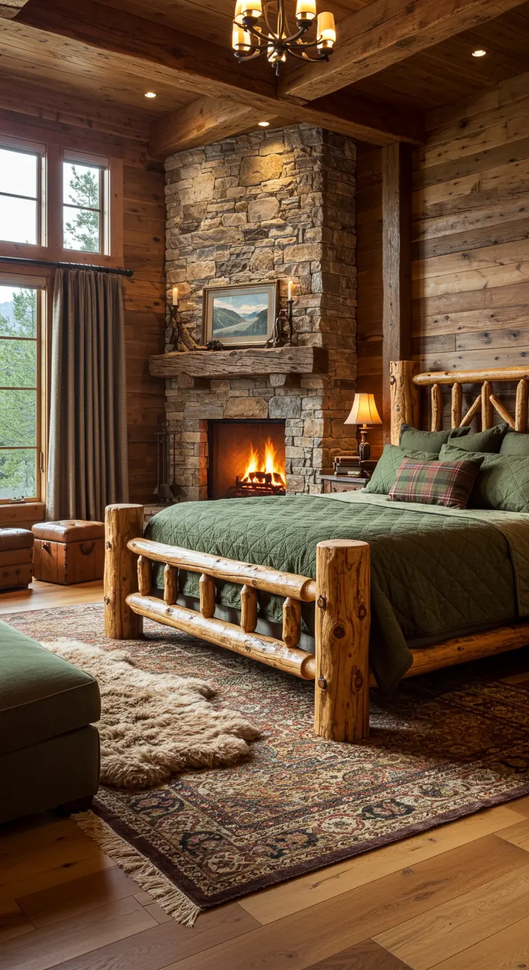 Knusse slaapkamer met houten wanden en plafond, stenen open haard, een bed van boomstammen, en een schapenvacht vloerkleed.